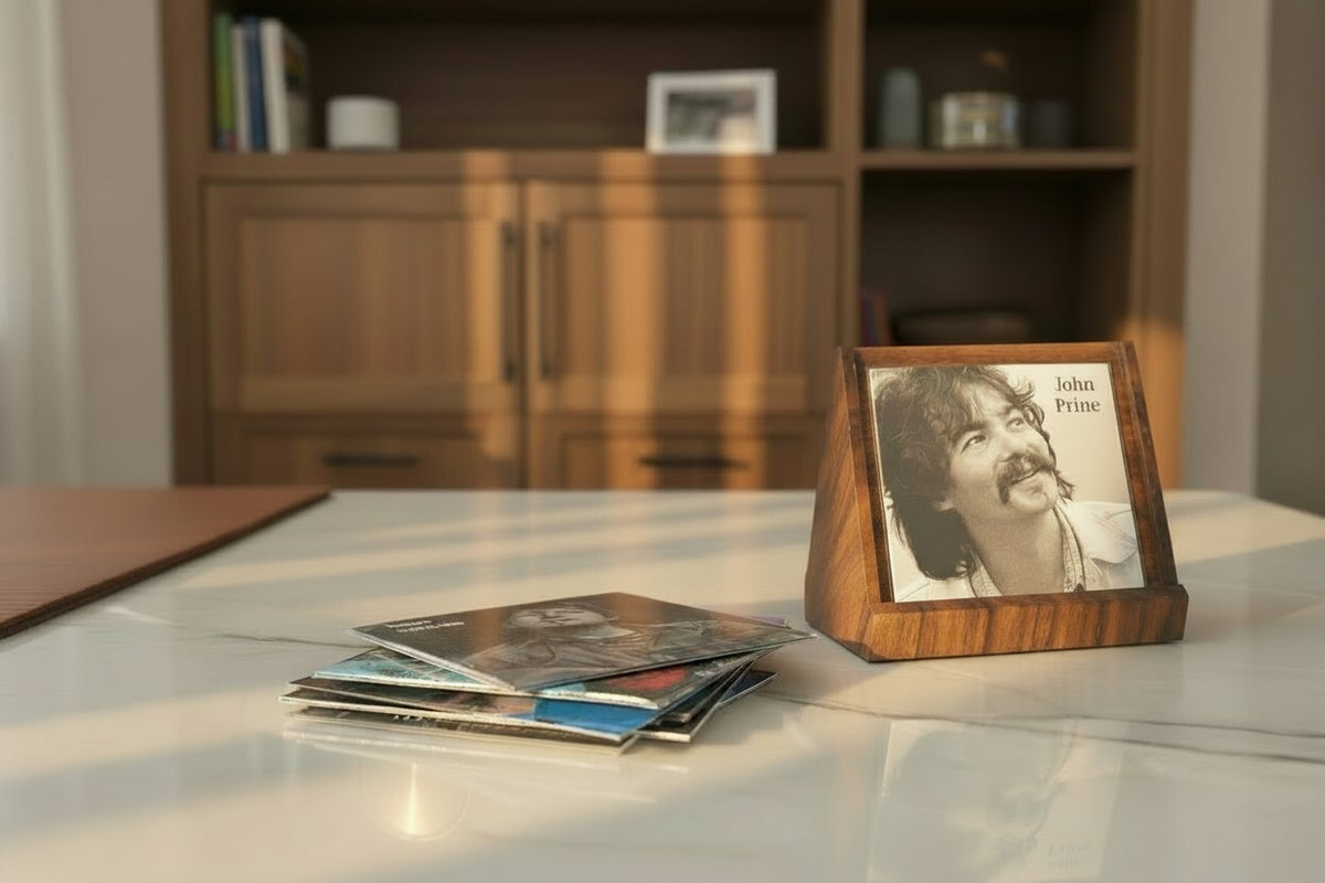 The Spindle displaying a music card beside a stack of other cards on a table